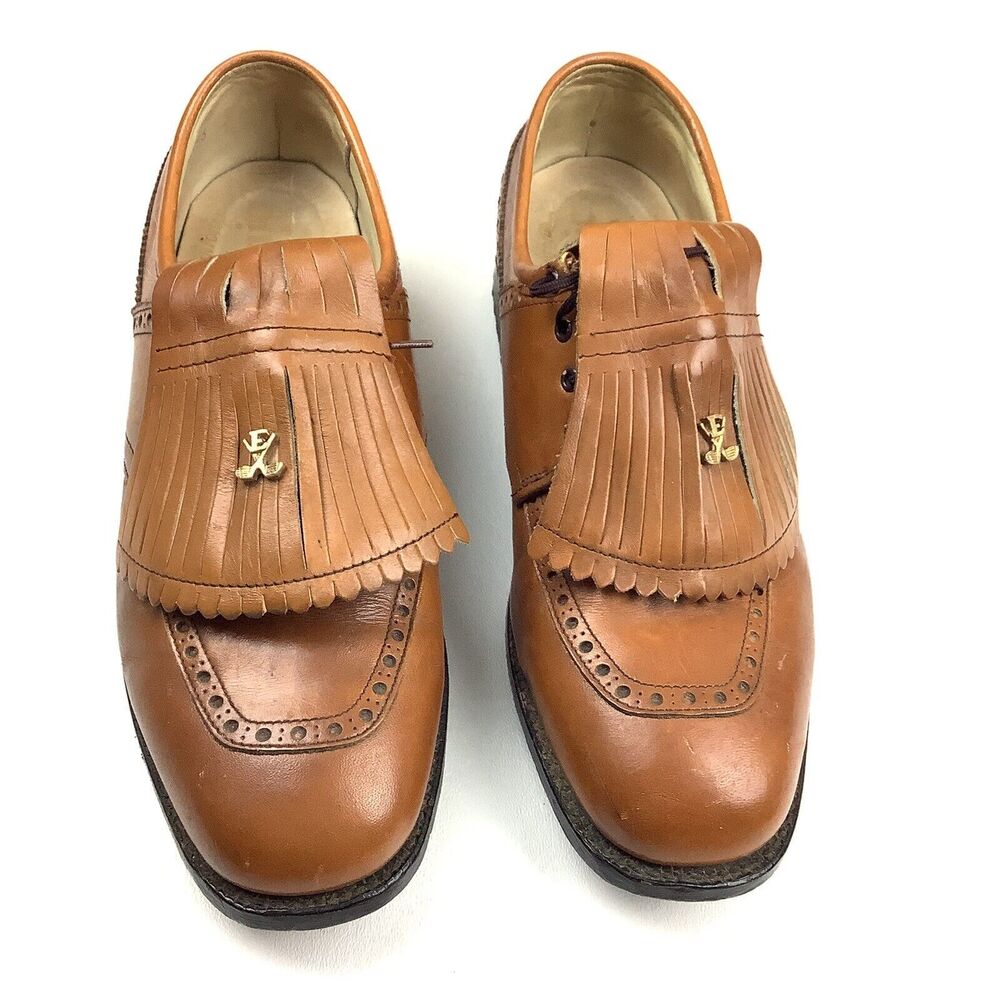 Vintage Etonic Men Golf Shoes 8 D Brown Tan Leather Oxford Brogue Metal Spikes